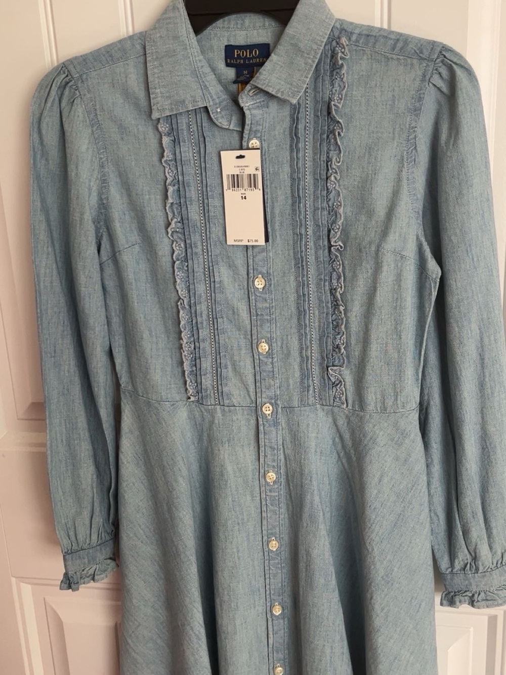 Polo by Ralph Lauren Light Wash Denim Ruffle-Trim Shirt Dress